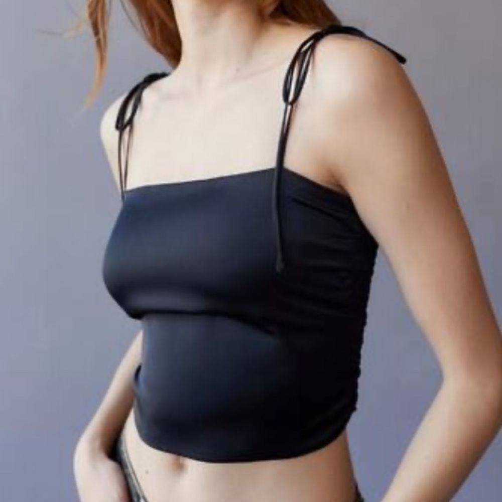 Urban Outfitters Bella Tie Shoulder Cami Black Satin Tank Top
